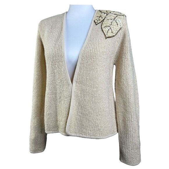 Vintage Wool Blend Cardigan Womens Cream Floral Sequin Sweater Adele Joyce - Picture 3 of 9